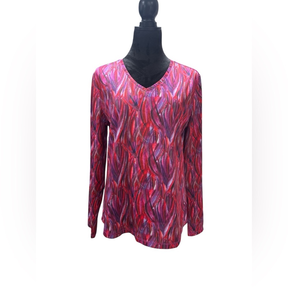 V-Neck Long Sleeve Women's Top - Pink Print